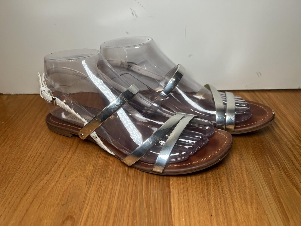 Steve Madden Sandals Womens Silver Metallic White Strappy Slingback Open Toe